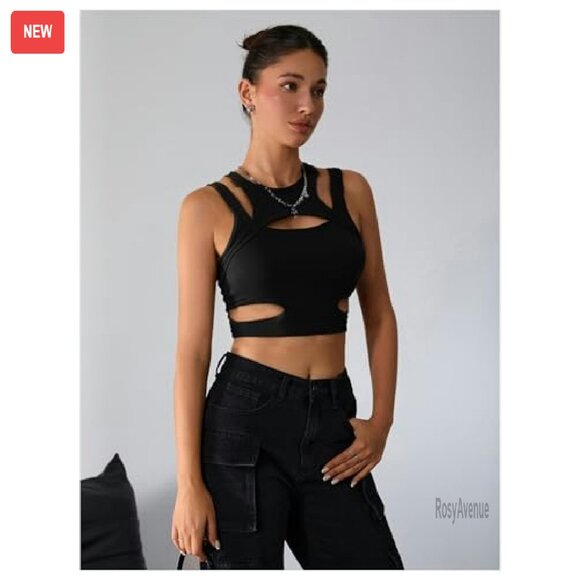 Cut Out Crop Tank Top - Stretchy Fitted Clubwear for Women - Picture 4 of 6